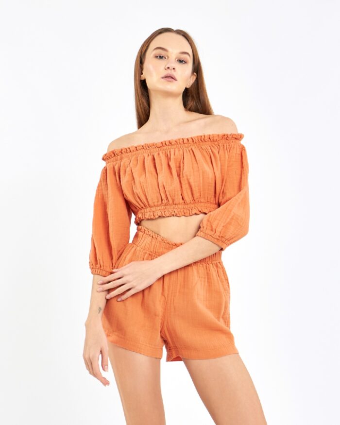 طقم شورت قصير قصير برتقالي