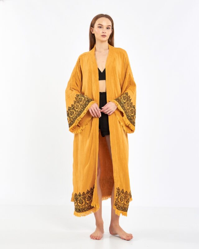 Hakkımızda 2 Hint Desenli Hardal Sarısı Kimono