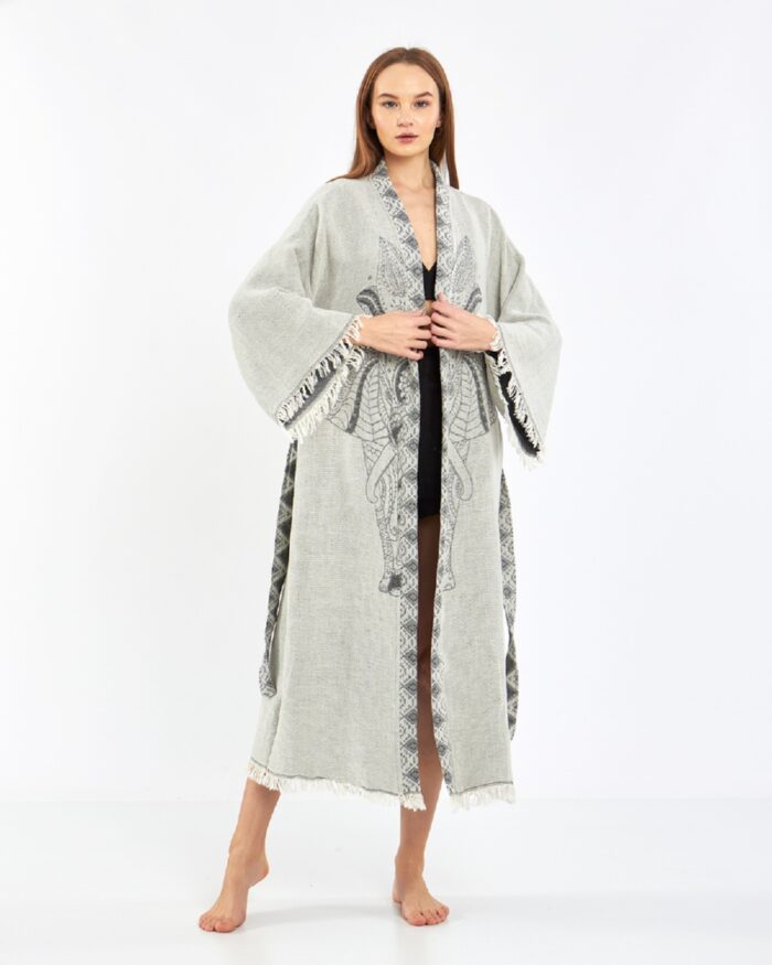 Jakarlı Antrasit Fil Chakra Gri Kimono
