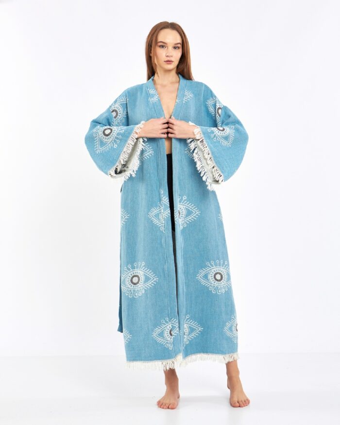 Jakarlı Beyaz Eye Baby Blue Kimono