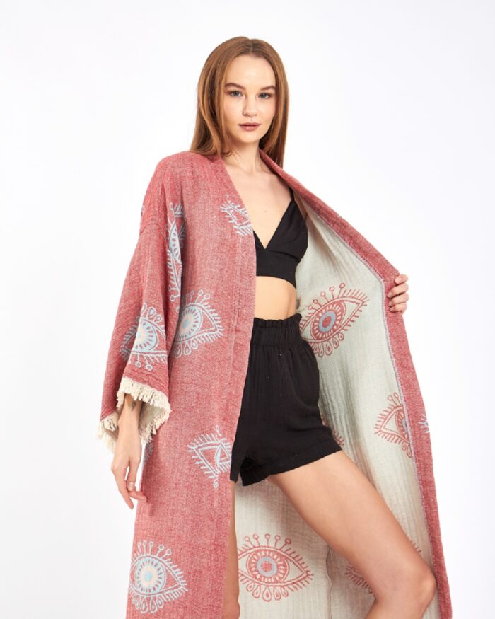 Jakarlı Eye Gül Kurusu Kimono Jakarlı Eye Gül Kurusu Kimono