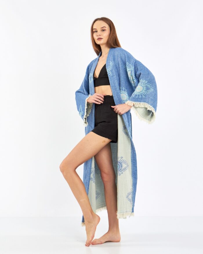 Blauer Kimono mit Jacquard-Augen