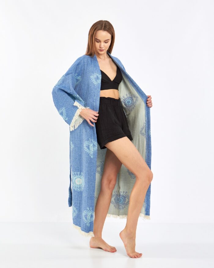 Blauer Kimono mit Jacquard-Augen