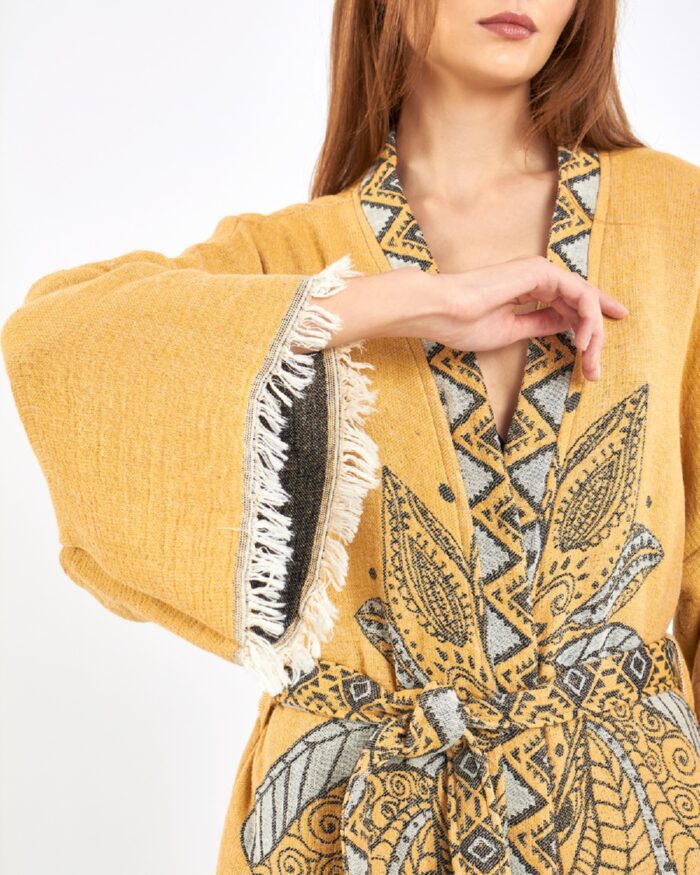 Jacquard Elephant Chakra Mustard Yellow Kimono Jacquard Elephant Chakra Mustard Yellow Kimono