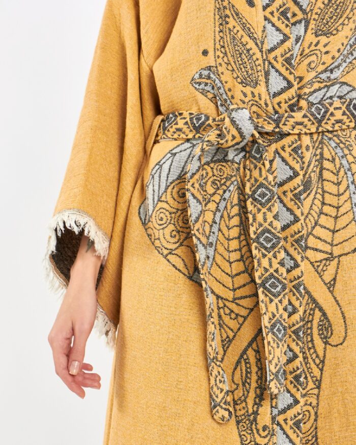 Jacquard Elephant Chakra Mustard Yellow Kimono Jacquard Elephant Chakra Mustard Yellow Kimono