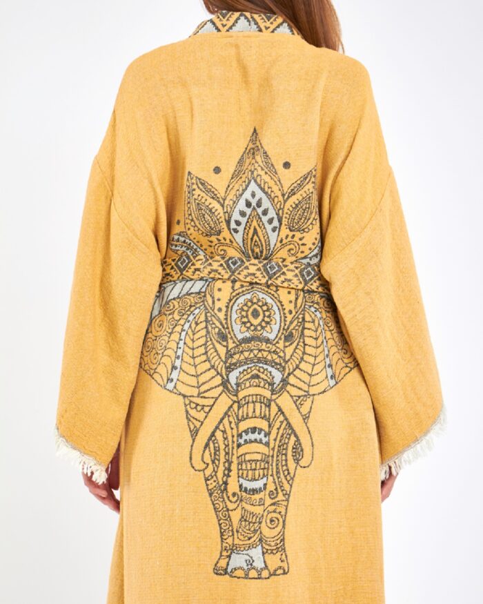 Jacquard Elephant Chakra Mustard Yellow Kimono Jacquard Elephant Chakra Mustard Yellow Kimono