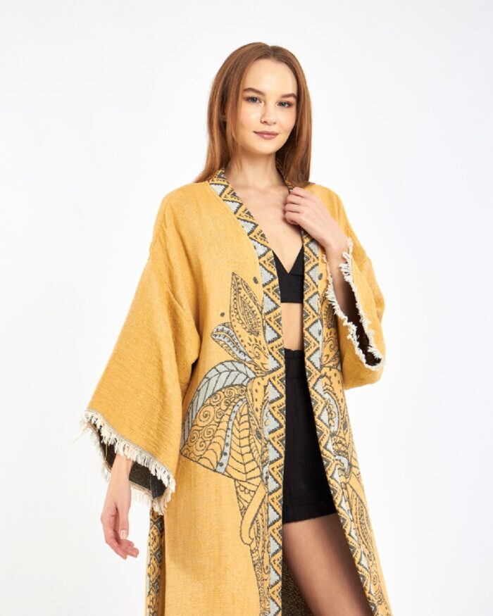 Jacquard Elephant Chakra Mustard Yellow Kimono Jacquard Elephant Chakra Mustard Yellow Kimono