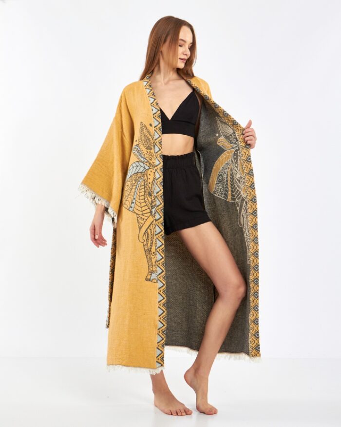Jacquard Elephant Chakra Mustard Yellow Kimono Jacquard Elephant Chakra Mustard Yellow Kimono
