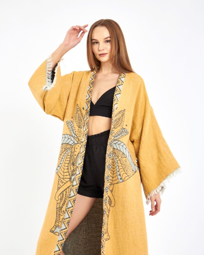 Jacquard Elephant Chakra Mustard Yellow Kimono Jacquard Elephant Chakra Mustard Yellow Kimono