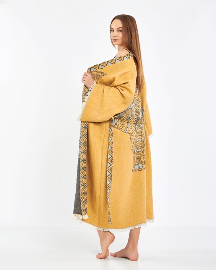 Jacquard Elephant Chakra Mustard Yellow Kimono Jacquard Elephant Chakra Mustard Yellow Kimono