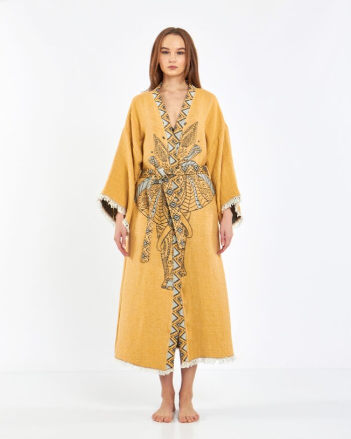 Jacquard Elephant Chakra Mustard Yellow Kimono Jacquard Elephant Chakra Mustard Yellow Kimono