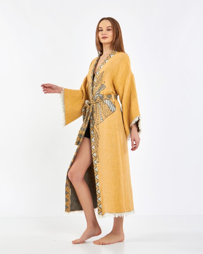 Jacquard Elephant Chakra Mustard Yellow Kimono Jacquard Elephant Chakra Mustard Yellow Kimono