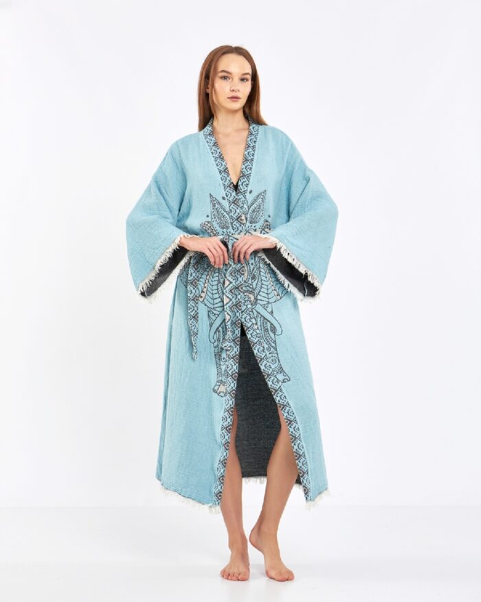 كيمونو جاكارد الفيل شقرا الفيروزي