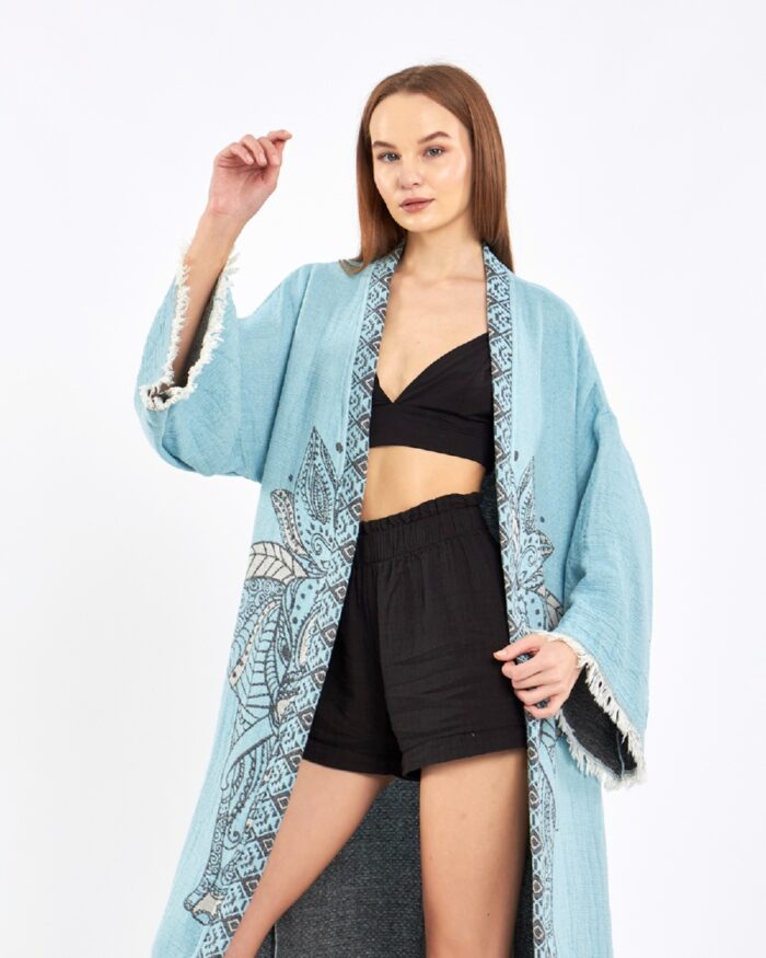 كيمونو جاكارد الفيل شقرا الفيروزي