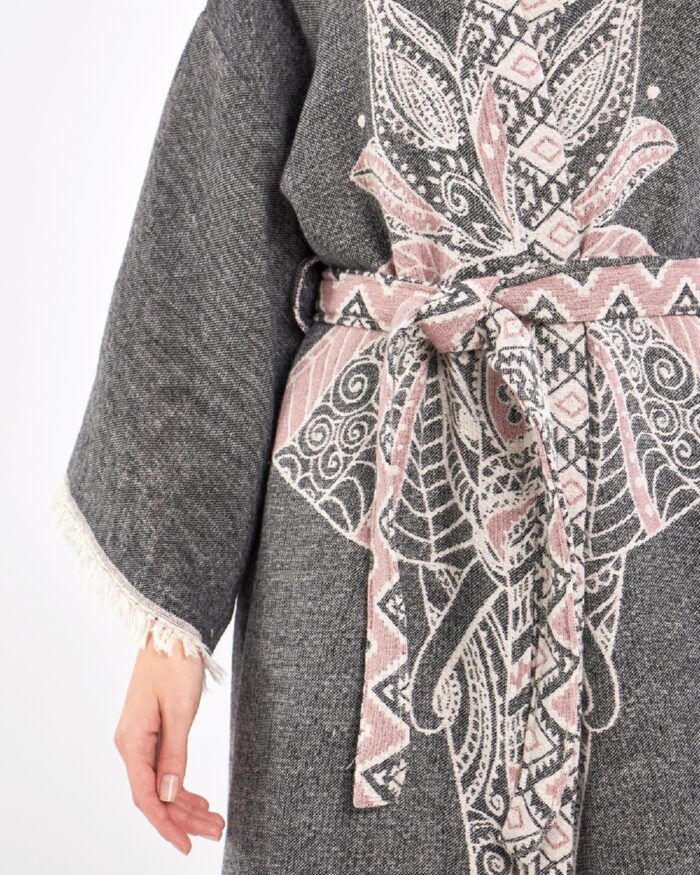 Jakarlı Pink Fil Chakra Antrasit Kimono Jakarlı Pink Fil Chakra Antrasit Kimono