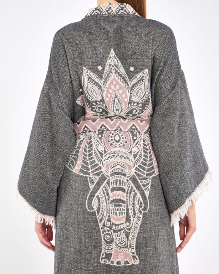 Jakarlı Pink Fil Chakra Antrasit Kimono Jakarlı Pink Fil Chakra Antrasit Kimono