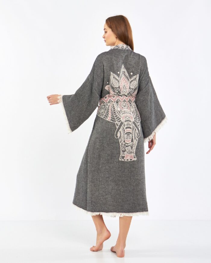 Jakarlı Pink Fil Chakra Antrasit Kimono Jakarlı Pink Fil Chakra Antrasit Kimono