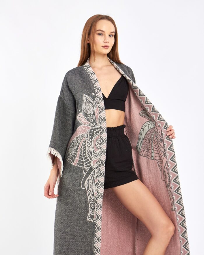 Jakarlı Pink Fil Chakra Antrasit Kimono Jakarlı Pink Fil Chakra Antrasit Kimono