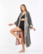 Jakarlı Pink Fil Chakra Antrasit Kimono