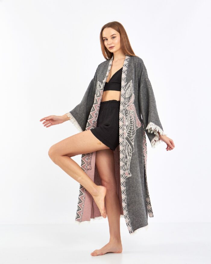 Jakarlı Pink Fil Chakra Antrasit Kimono Jakarlı Pink Fil Chakra Antrasit Kimono