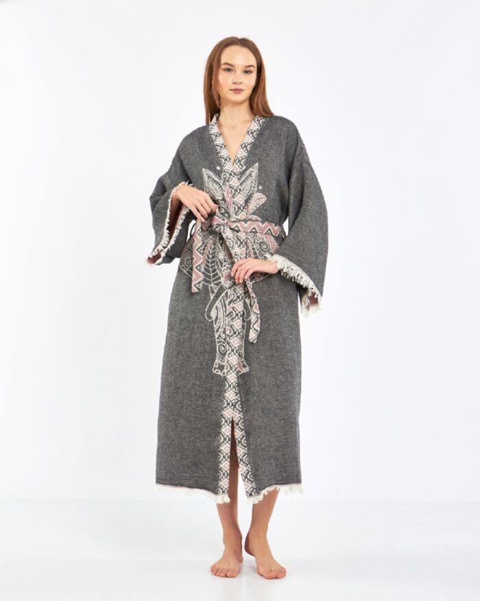 Jakarlı Pink Fil Chakra Antrasit Kimono Jakarlı Pink Fil Chakra Antrasit Kimono