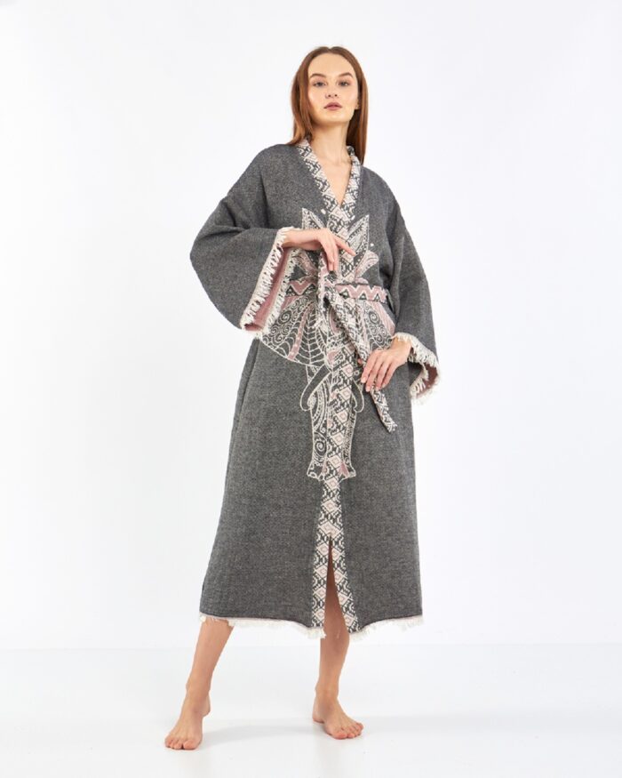 Jakarlı Pink Fil Chakra Antrasit Kimono Jakarlı Pink Fil Chakra Antrasit Kimono
