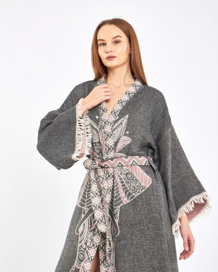 Jakarlı Pink Fil Chakra Antrasit Kimono Jakarlı Pink Fil Chakra Antrasit Kimono