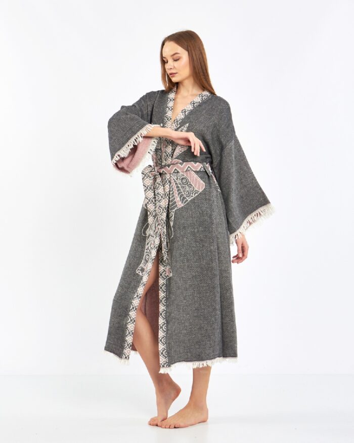 Jakarlı Pink Fil Chakra Antrasit Kimono Jakarlı Pink Fil Chakra Antrasit Kimono