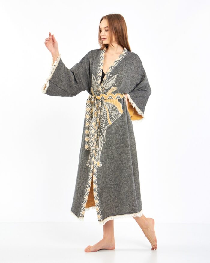 Jacquard Yellow Elephant Chakra Anthracite Kimono