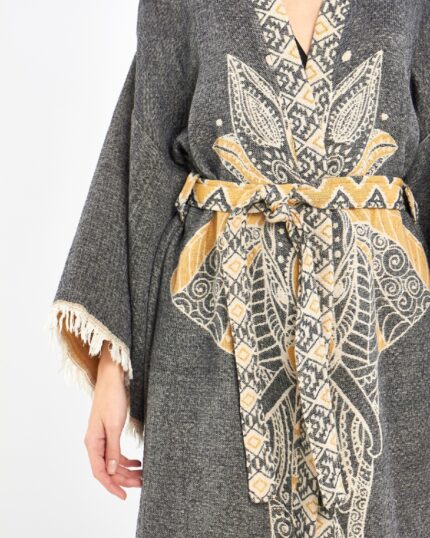 Jacquard Gelb Elefant Chakra Anthrazit Kimono