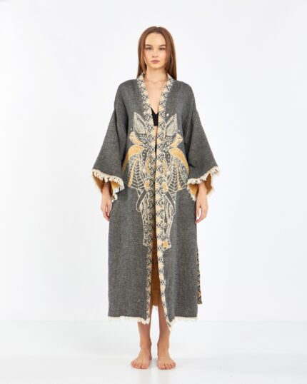 Jacquard Gelb Elefant Chakra Anthrazit Kimono