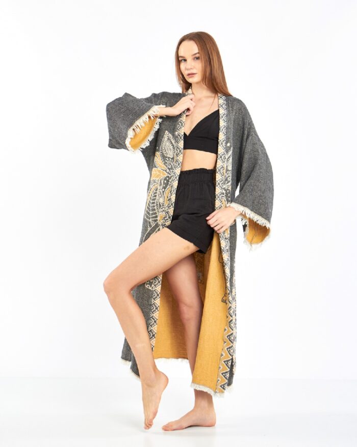 Jacquard Yellow Elephant Chakra Anthracite Kimono