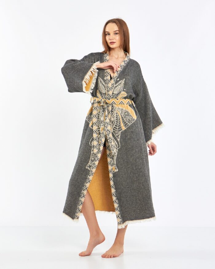 Jacquard Yellow Elephant Chakra Anthracite Kimono