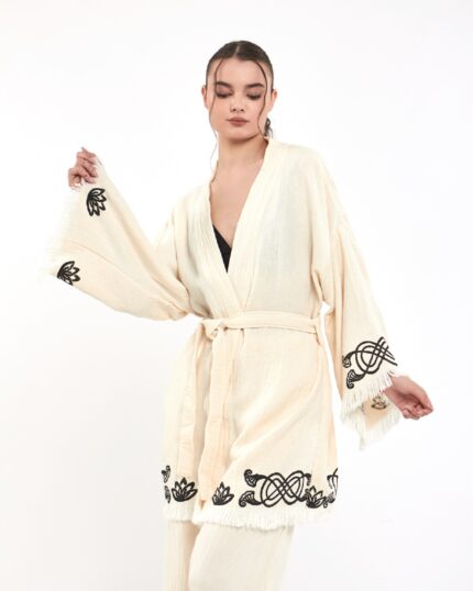 Lotus Eye Ekru Pantolonlu Kimono Takım