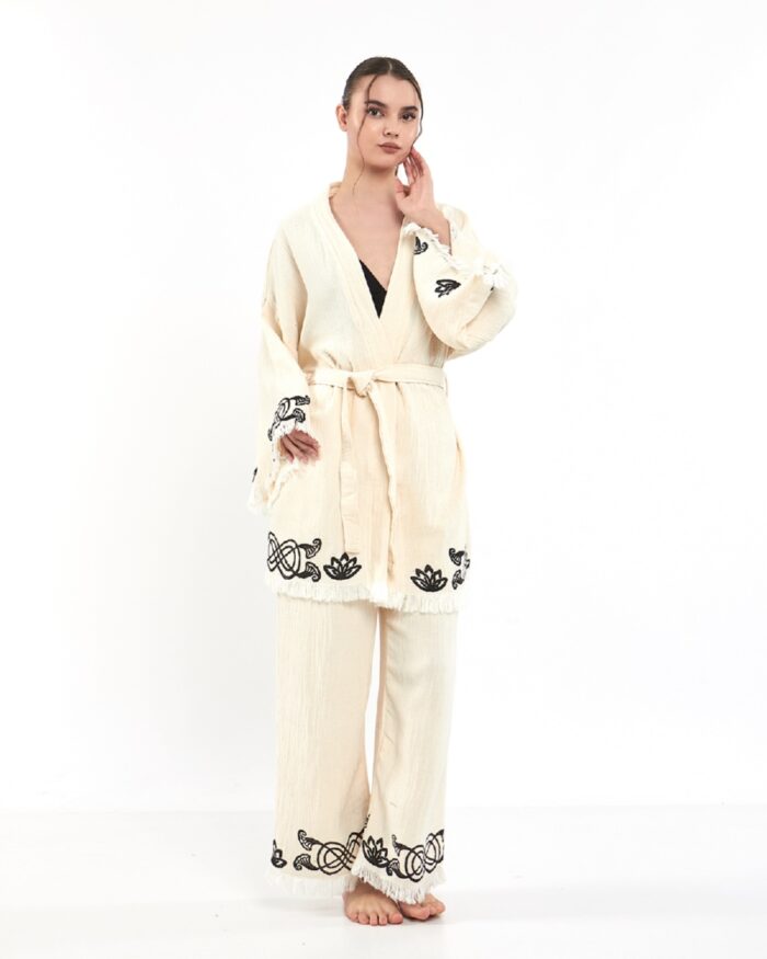 Lotus Eye Ekru Pantolonlu Kimono Takım