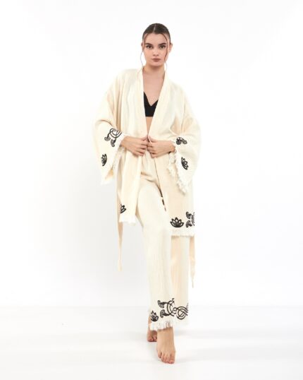 Lotus Eye Ekru Pantolonlu Kimono Takım