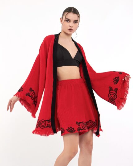 Lotus Eye Kırmızı Şortlu Kimono