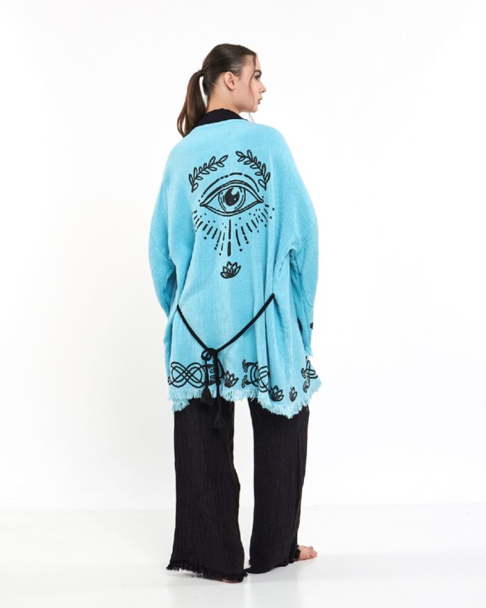 طقم كيمونو أزرق اللون أزرق عين لوتس أسود