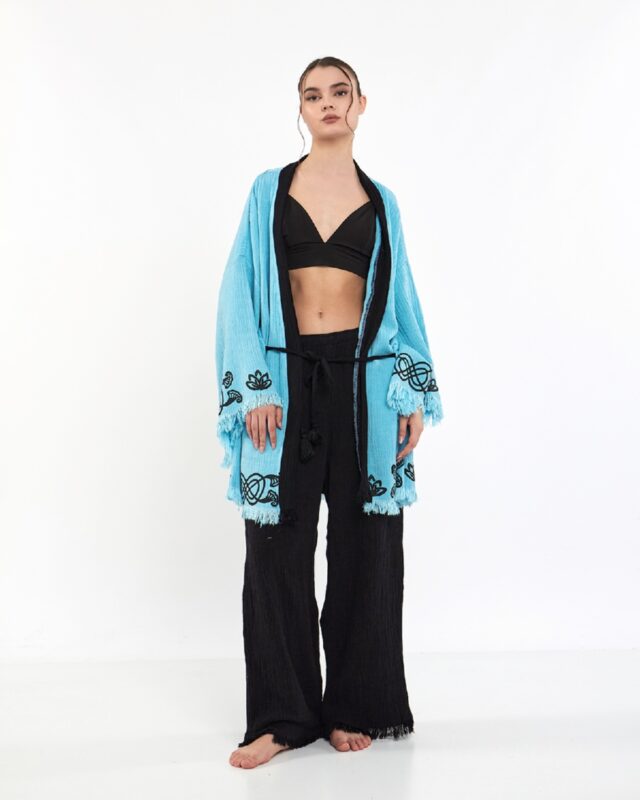 Lotusauge Blau Schwarz Kimono Set