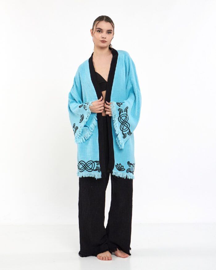 طقم كيمونو أزرق اللون أزرق عين لوتس أسود