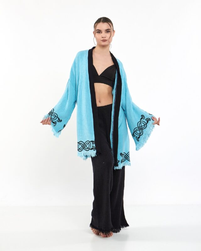 Lotusauge Blau Schwarz Kimono Set