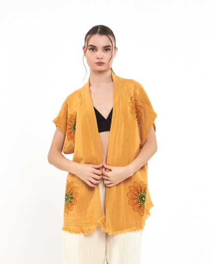 Mandala Pantolonlu Sarı Müslin Yelek