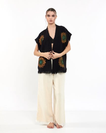Mandala Pantolonlu Siyah Müslin Yelek