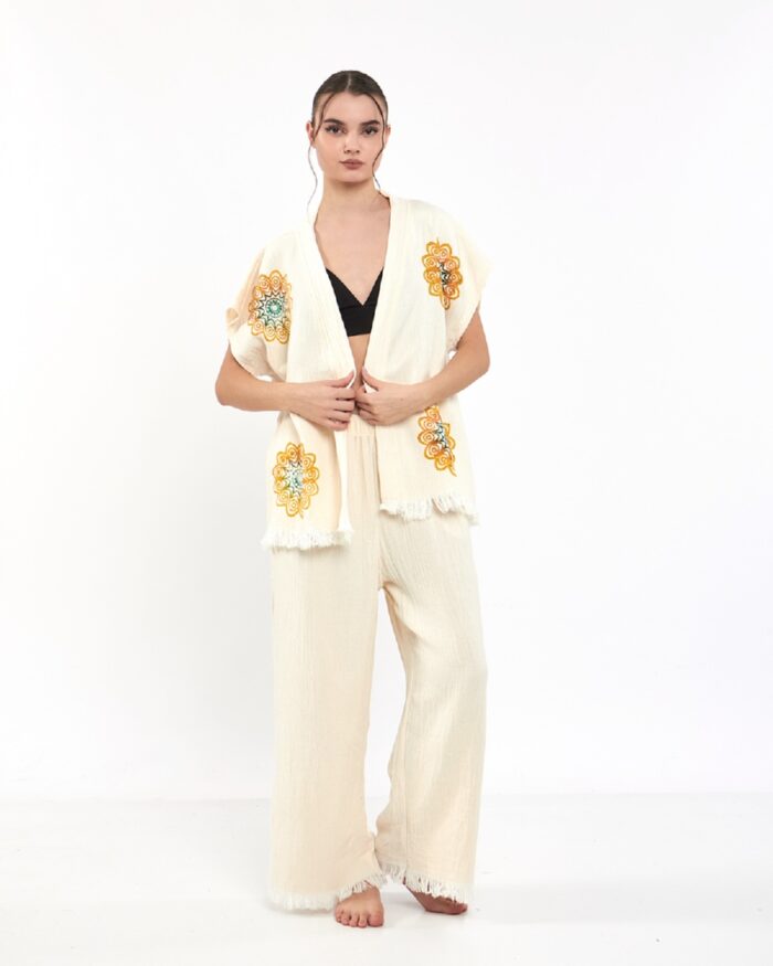 Mandala Sarı Pantolonlu Müslin Yelek Mandala Sarı Pantolonlu Müslin Yelek