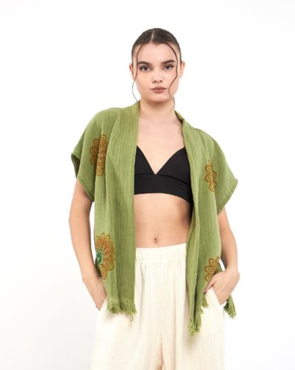 Mandala Yeşil Pantolonlu Müslin Yelek