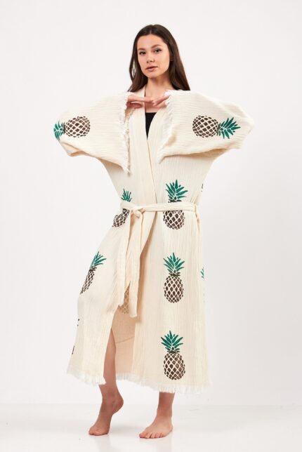 Pineapple Patterned Stone Printed Cotton Kimono