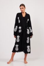 Ananas Desenli TaŠBaskılı Pamuklu Kimono Siyah - Image 10