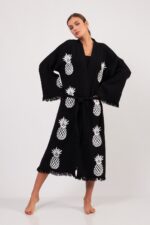 Ananas Desenli TaŠBaskılı Pamuklu Kimono Siyah - Image 9