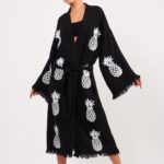 Ananas Desenli Taş Baskılı Pamuklu Kimono Siyah