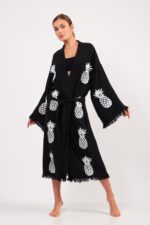 Pineapple Patterned Stone Printed Cotton Kimono Black